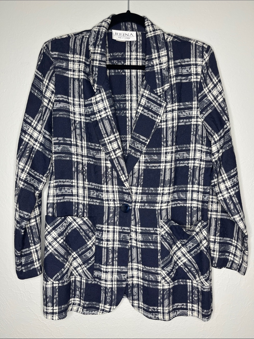 Vintage 80s Reina New York Blue and White Plaid Blazer - Size S Oversized Preppy